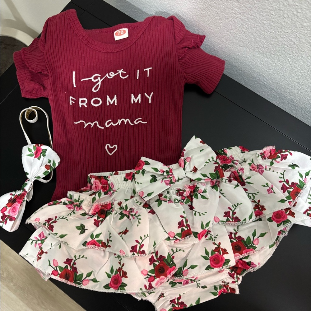 New Red Baby Outfit with Floral Bloomers 6-12m